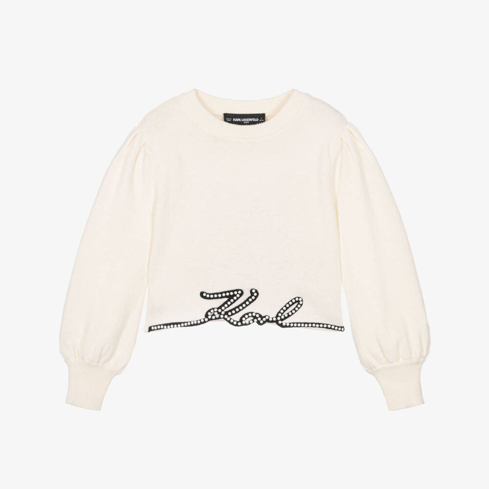 KARL LAGERFELD KIDS-Girls Ivory Knitted Sweater with Signature Logo | Childrensalon