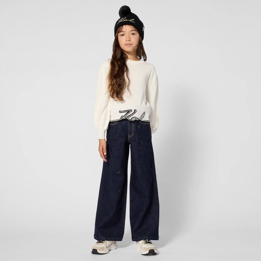 KARL LAGERFELD KIDS-Girls Ivory Knitted Sweater with Signature Logo | Childrensalon