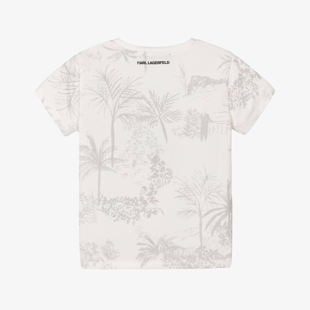 KARL LAGERFELD KIDS-Girls Ivory Riviera Print T-Shirt with Pink Logo Detail | Childrensalon