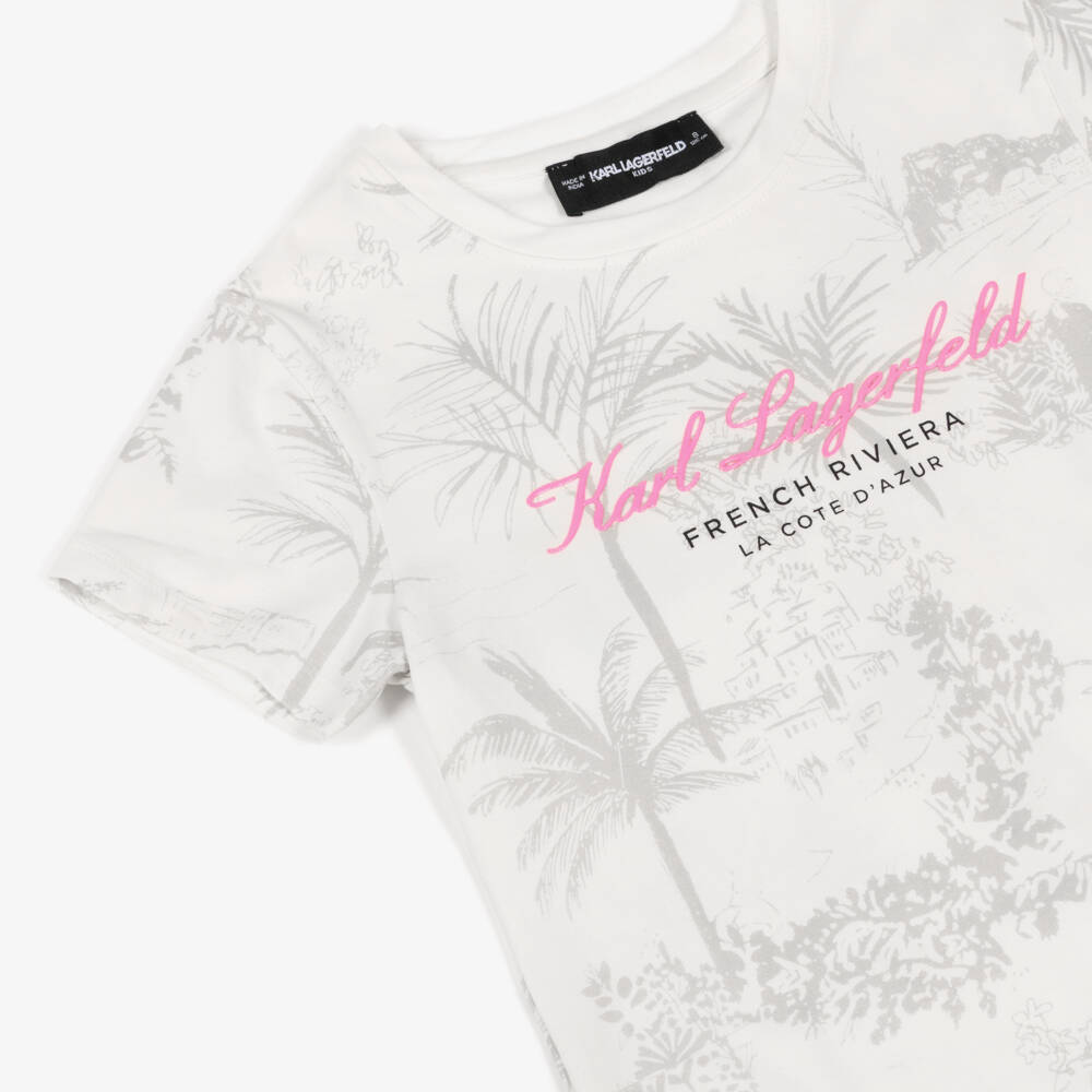KARL LAGERFELD KIDS-Girls Ivory Riviera Print T-Shirt with Pink Logo Detail | Childrensalon