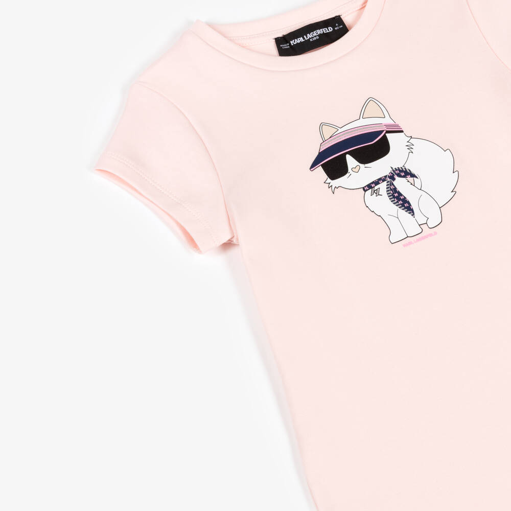KARL LAGERFELD KIDS-Платье футболка розовое из хлопка с логотипом Choupette для девочек | Childrensalon