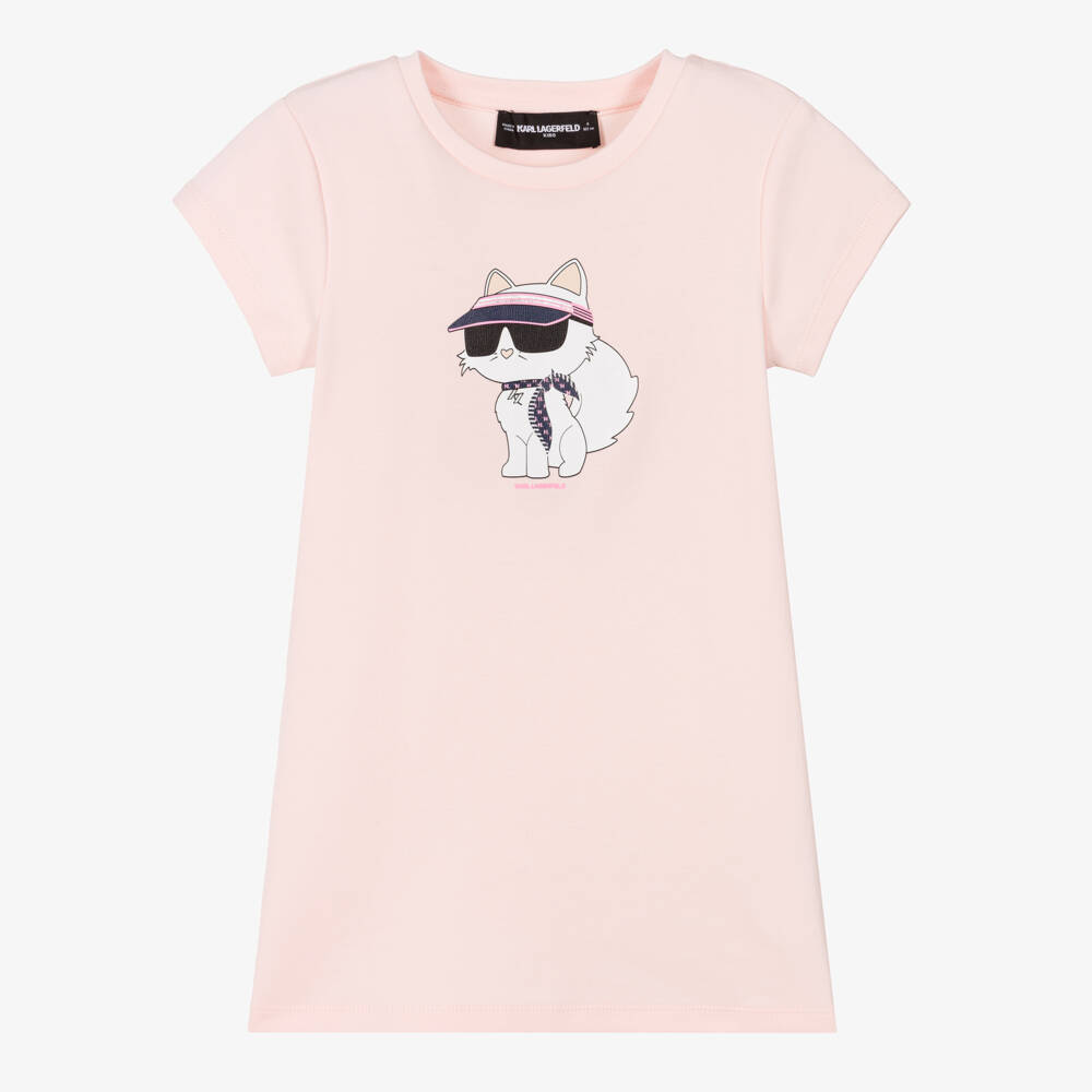 KARL LAGERFELD KIDS-Girls Pale Pink Cotton T-Shirt Dress with Choupette Logo | Childrensalon