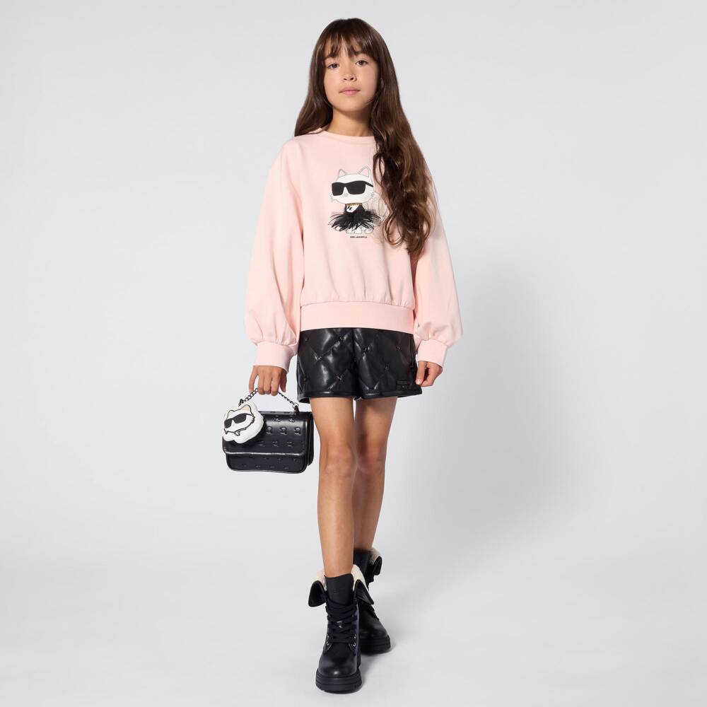 KARL LAGERFELD KIDS-Girls Pale Pink Jersey Sweatshirt with Choupette Motif | Childrensalon
