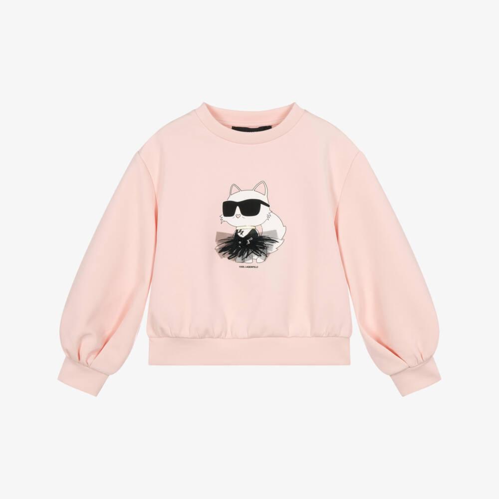 KARL LAGERFELD KIDS-Girls Pale Pink Jersey Sweatshirt with Choupette Motif | Childrensalon