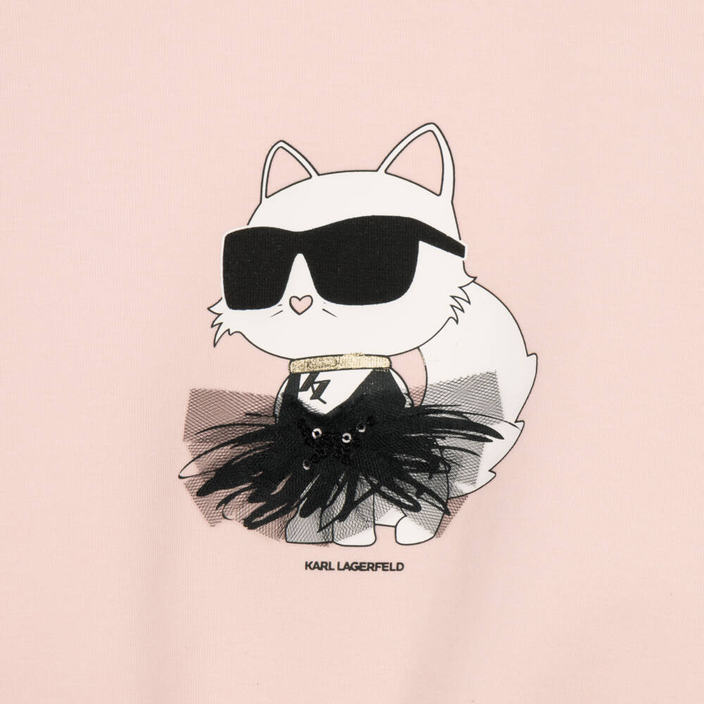 KARL LAGERFELD KIDS-Girls Pale Pink Jersey Sweatshirt with Choupette Motif | Childrensalon