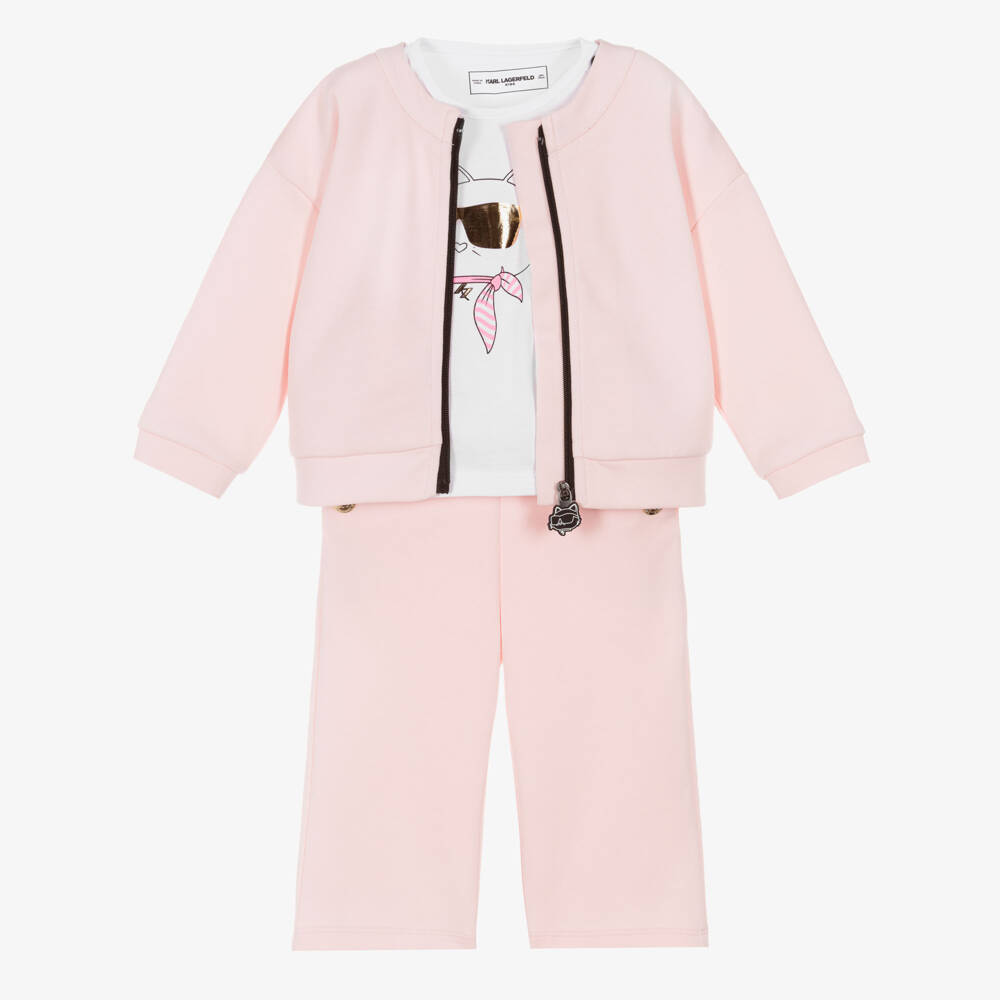 KARL LAGERFELD KIDS-Girls Pastel Pink Jersey Choupette Tracksuit Set | Childrensalon