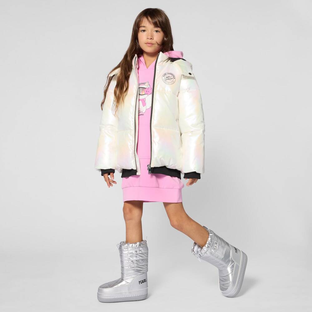 KARL LAGERFELD KIDS-Girls Pink Hooded Dress with Choupette Logo | Childrensalon
