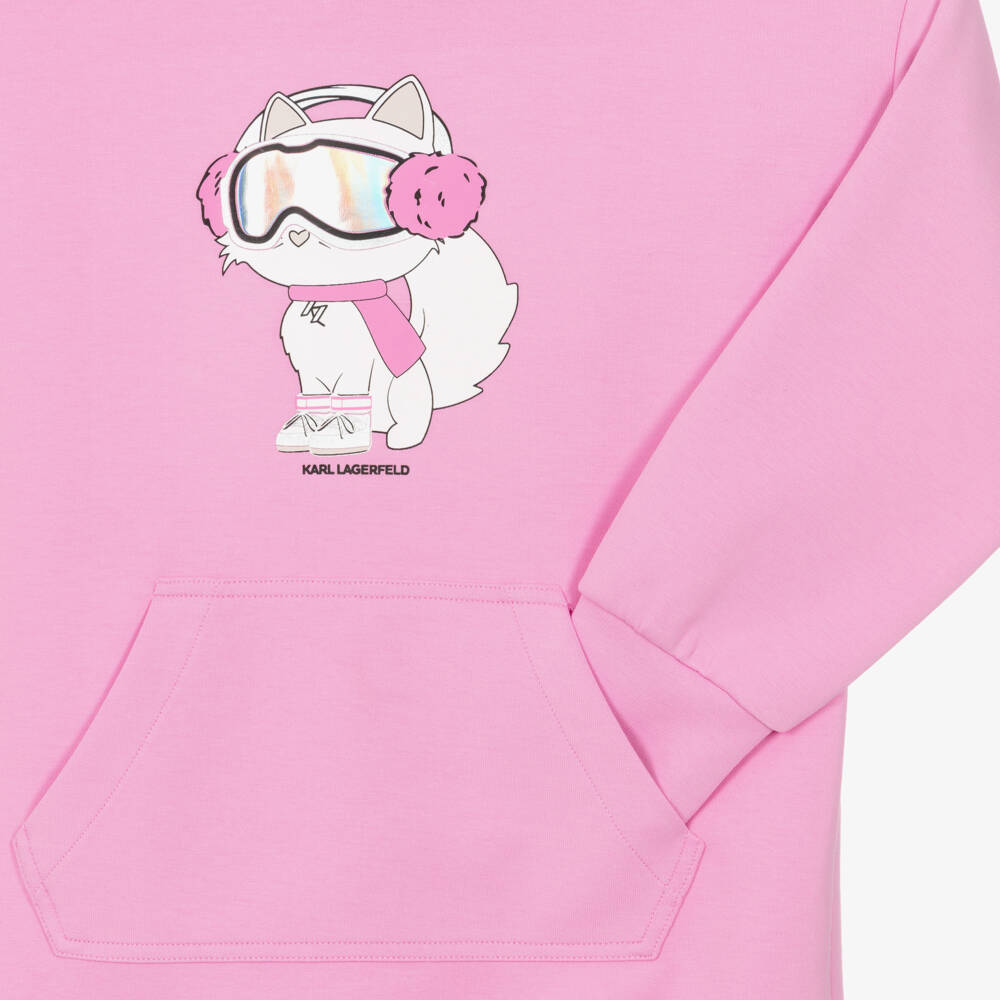 KARL LAGERFELD KIDS-Girls Pink Hooded Dress with Choupette Logo | Childrensalon
