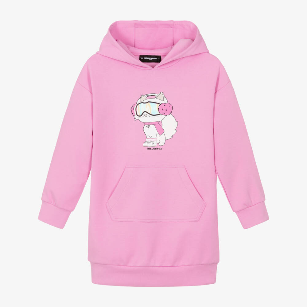 KARL LAGERFELD KIDS-Girls Pink Hooded Dress with Choupette Logo | Childrensalon
