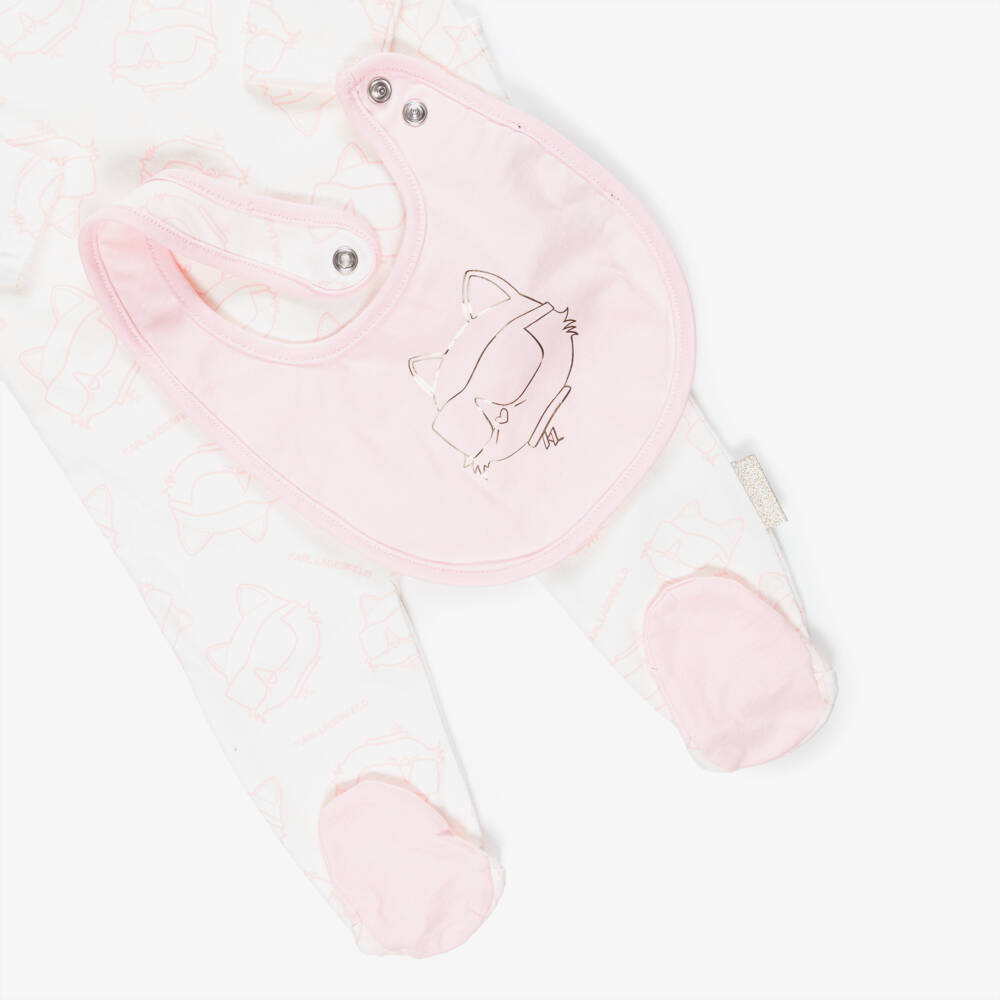 KARL LAGERFELD KIDS-Girls Pink & White Cotton Choupette Print Babygrow Set | Childrensalon