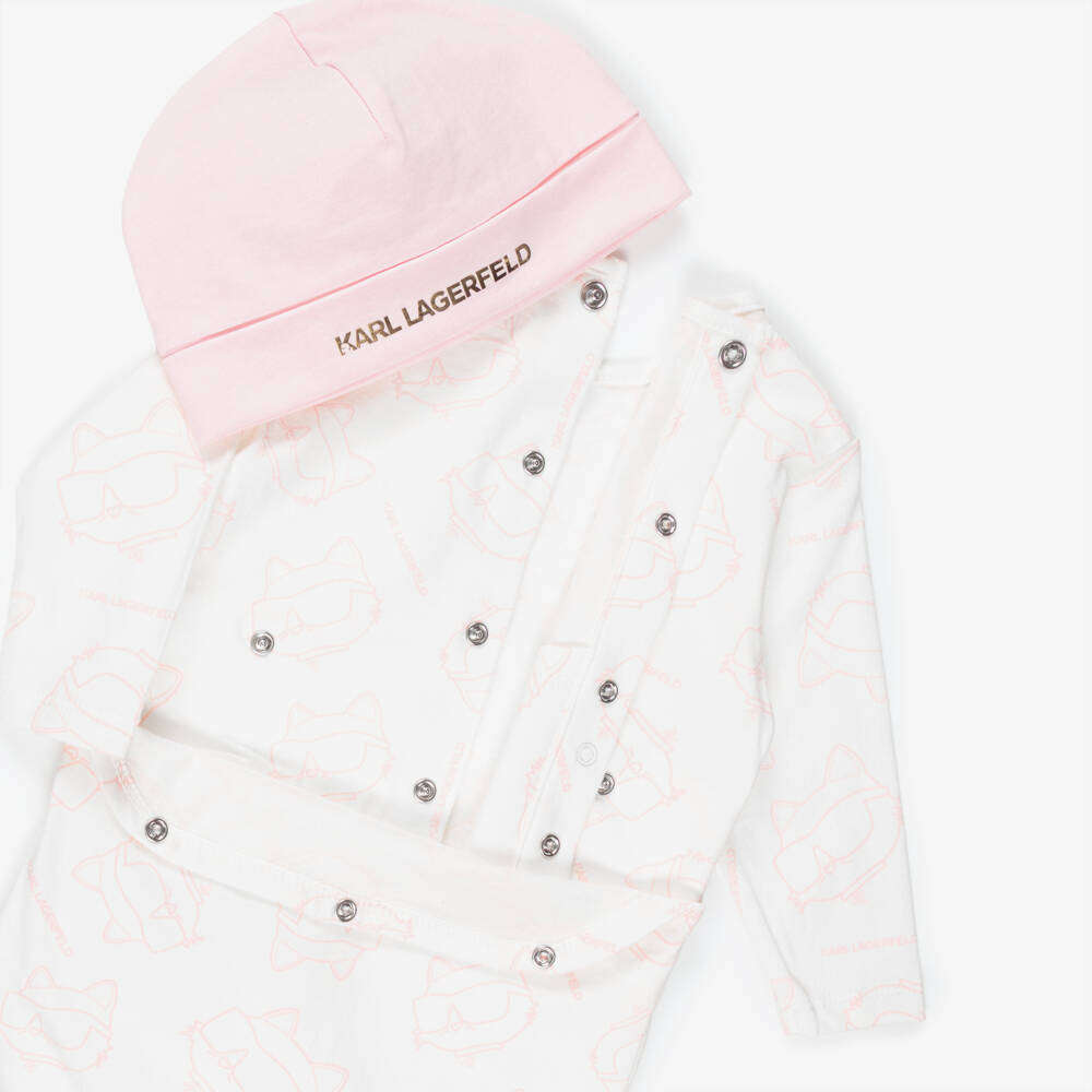 KARL LAGERFELD KIDS-Girls Pink & White Cotton Choupette Print Babygrow Set | Childrensalon