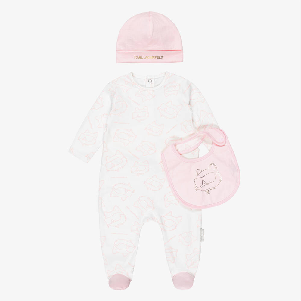 KARL LAGERFELD KIDS-Girls Pink & White Cotton Choupette Print Babygrow Set | Childrensalon