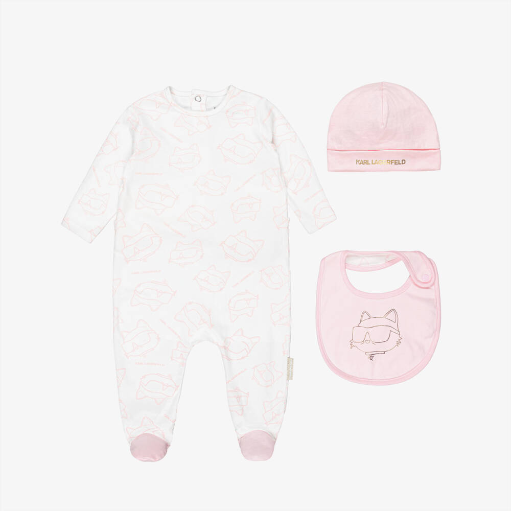 KARL LAGERFELD KIDS-Girls Pink & White Cotton Choupette Print Babygrow Set | Childrensalon