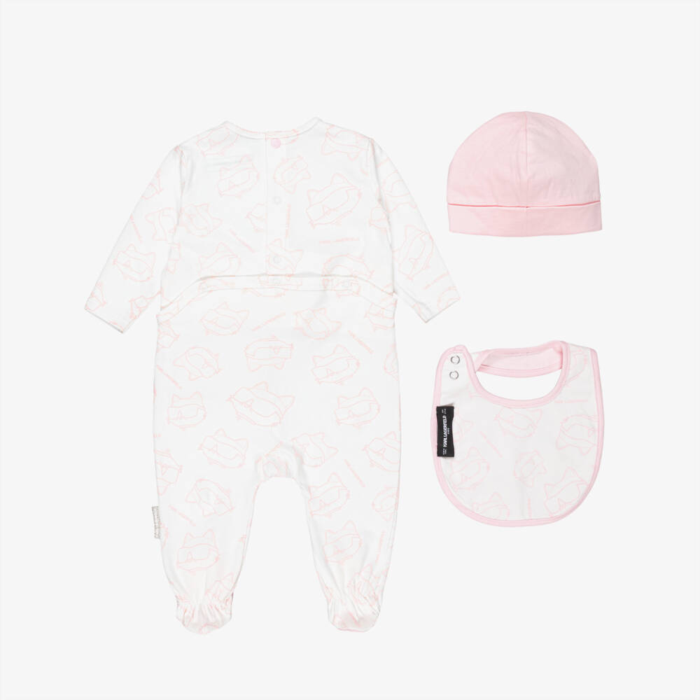 KARL LAGERFELD KIDS-Girls Pink & White Cotton Choupette Print Babygrow Set | Childrensalon
