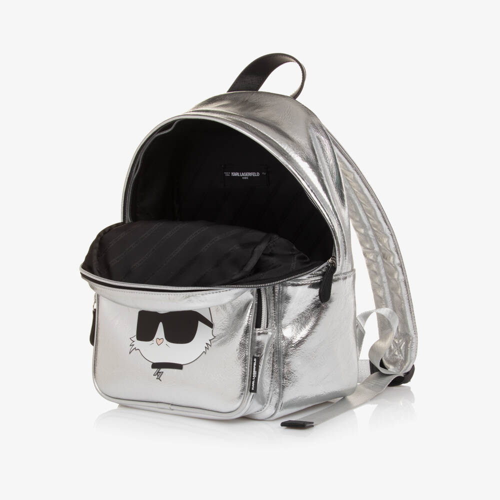 KARL LAGERFELD KIDS-Girls Silver Faux Leather Choupette Backpack (32cm) | Childrensalon