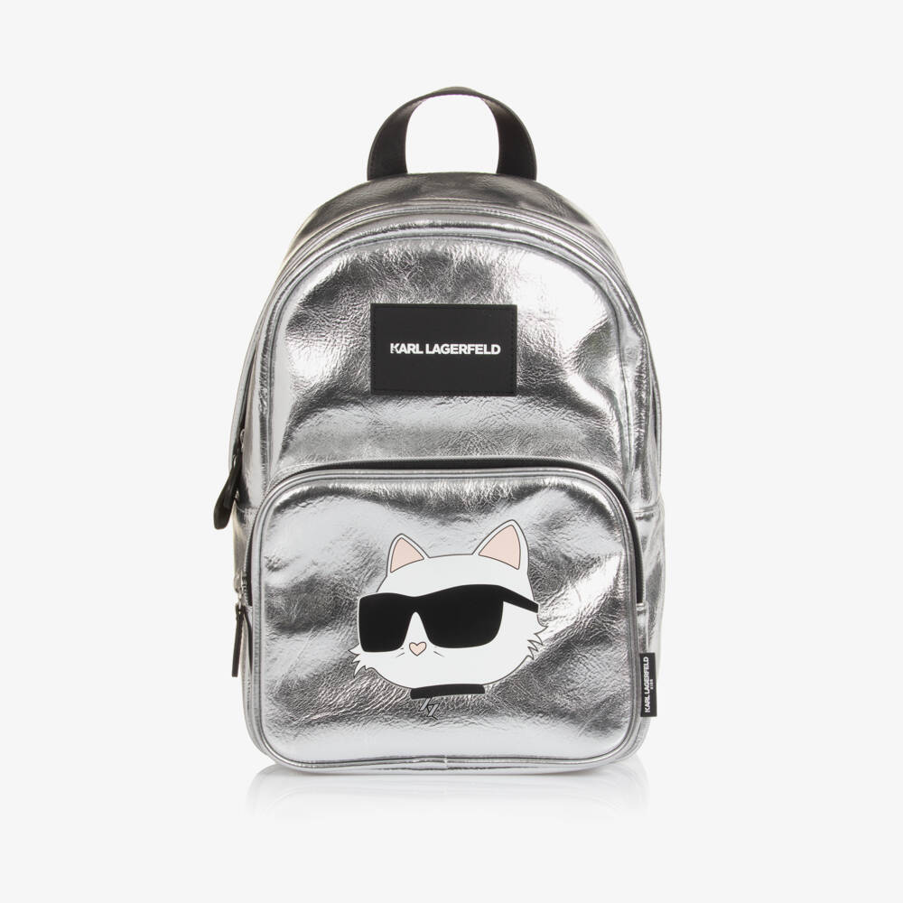 KARL LAGERFELD KIDS-Girls Silver Faux Leather Choupette Backpack (32cm) | Childrensalon