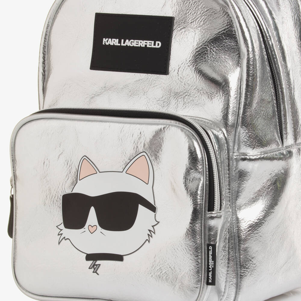 KARL LAGERFELD KIDS-Girls Silver Faux Leather Choupette Backpack (32cm) | Childrensalon