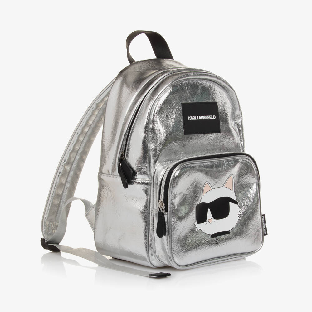 KARL LAGERFELD KIDS-Girls Silver Faux Leather Choupette Backpack (32cm) | Childrensalon