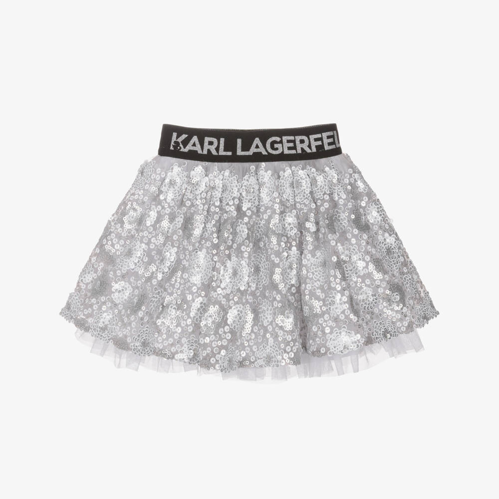 KARL LAGERFELD KIDS-Girls Silver Sequinned Organza Skirt | Childrensalon