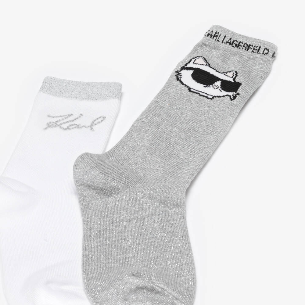 KARL LAGERFELD KIDS-Girls Silver & White Choupette & Karl Signature Logo Socks (2 Pack) | Childrensalon