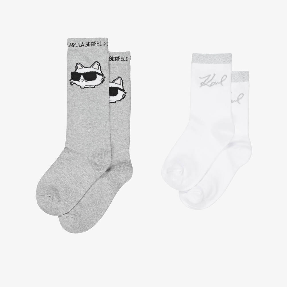 KARL LAGERFELD KIDS-Girls Silver & White Choupette & Karl Signature Logo Socks (2 Pack) | Childrensalon