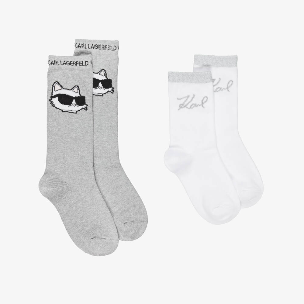 KARL LAGERFELD KIDS-Girls Silver & White Choupette & Karl Signature Logo Socks (2 Pack) | Childrensalon