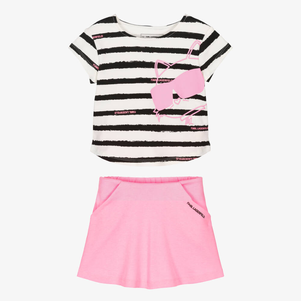 KARL LAGERFELD KIDS-Girls Striped T-Shirt & Pink Skirt Set | Childrensalon