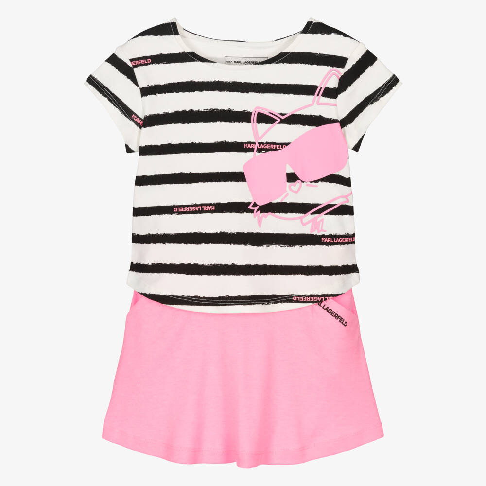 KARL LAGERFELD KIDS-Girls Striped T-Shirt & Pink Skirt Set | Childrensalon