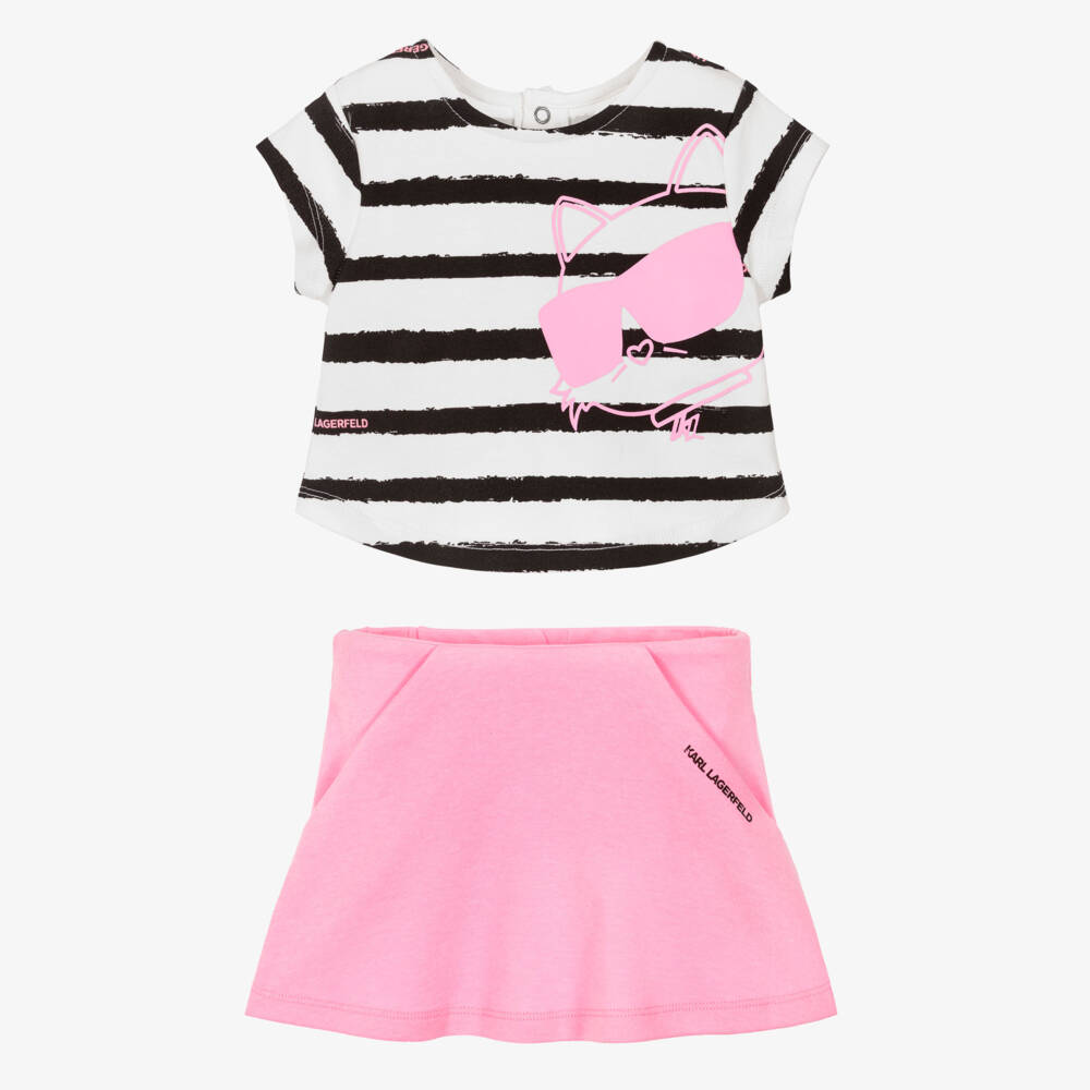KARL LAGERFELD KIDS-Girls Striped T-Shirt & Pink Skirt Set | Childrensalon