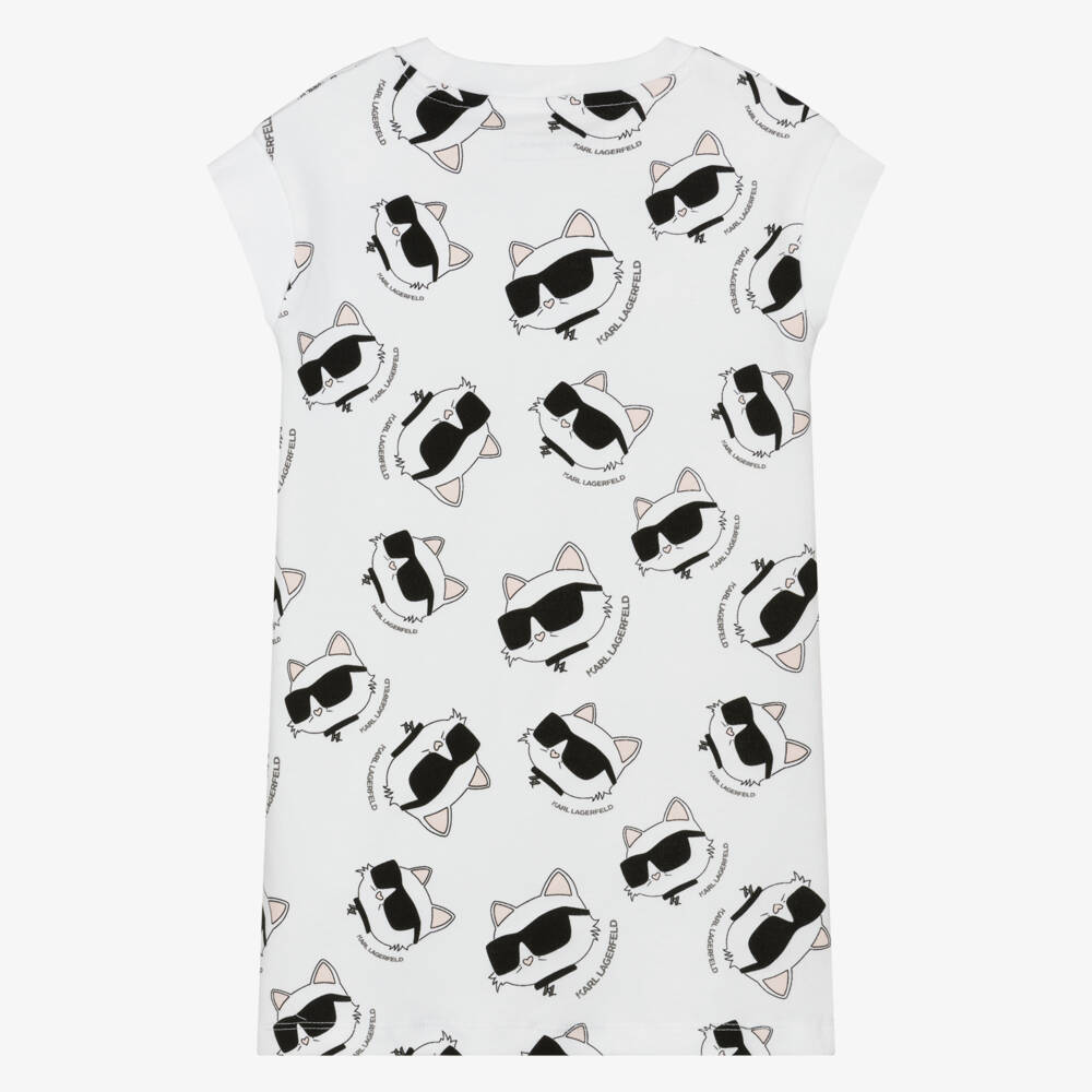 KARL LAGERFELD KIDS-Girls White Choupette Print Cotton Jersey Dress | Childrensalon
