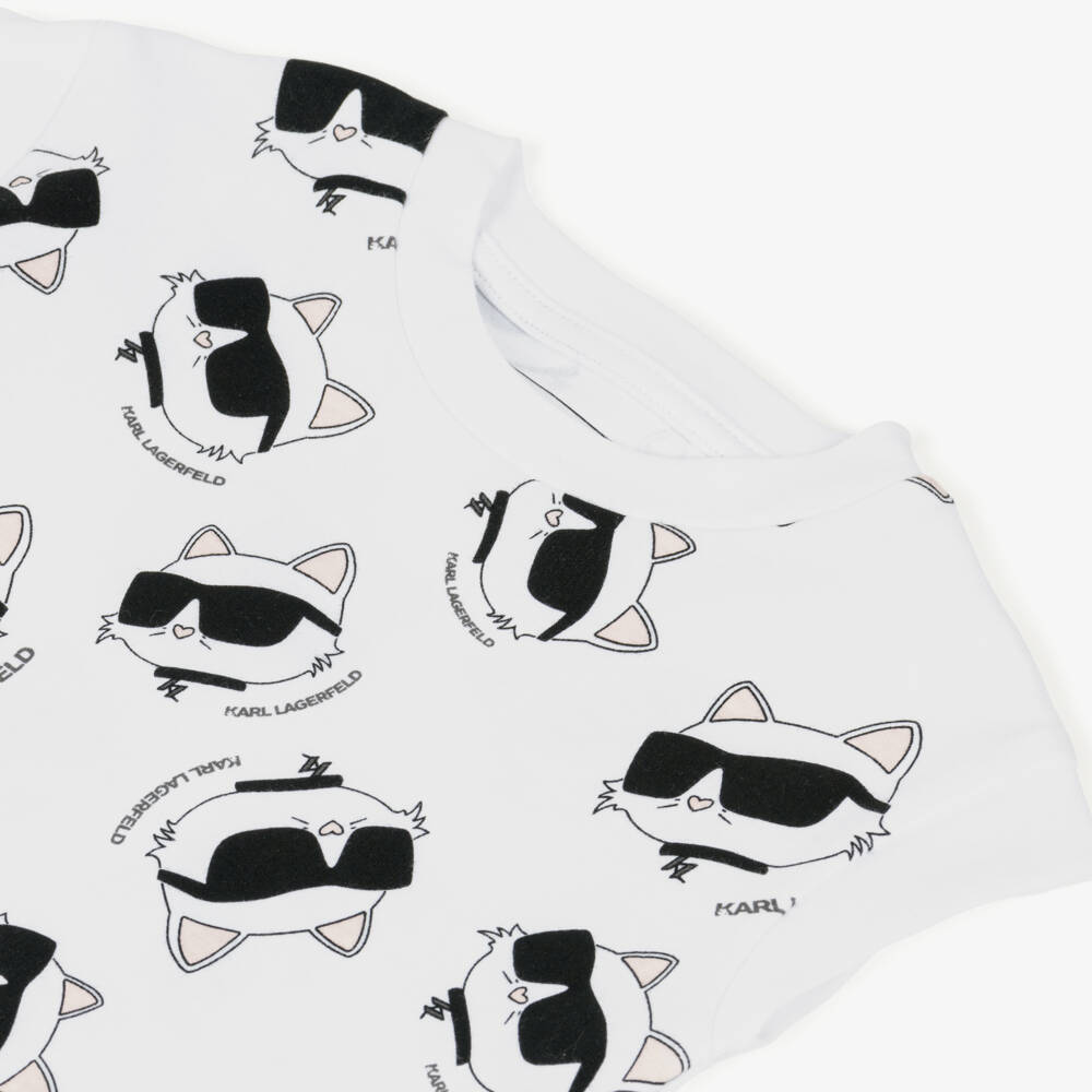 KARL LAGERFELD KIDS-Girls White Choupette Print Cotton Jersey Dress | Childrensalon