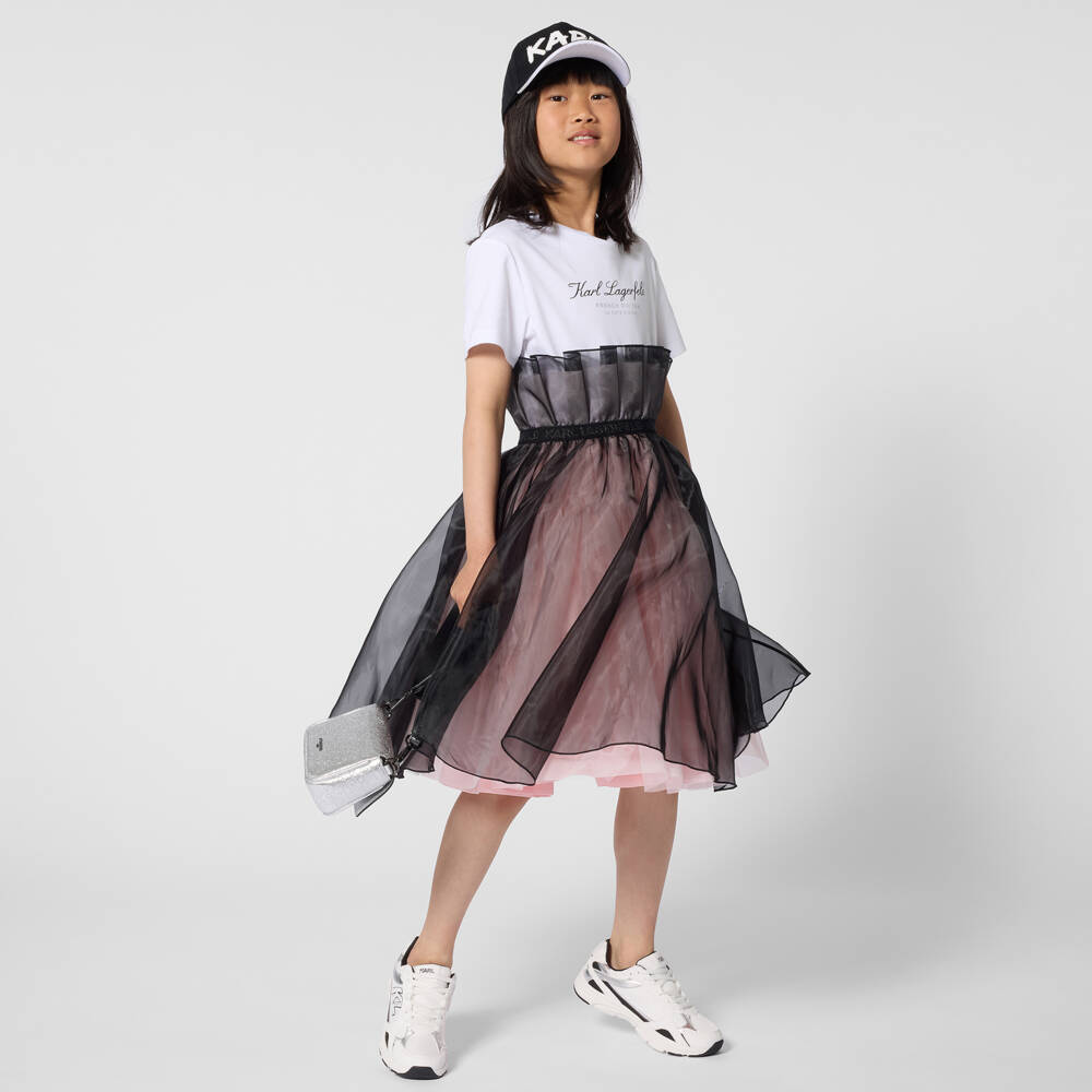 KARL LAGERFELD KIDS-Girls White Cotton Jersey & Black Organza Dress | Childrensalon