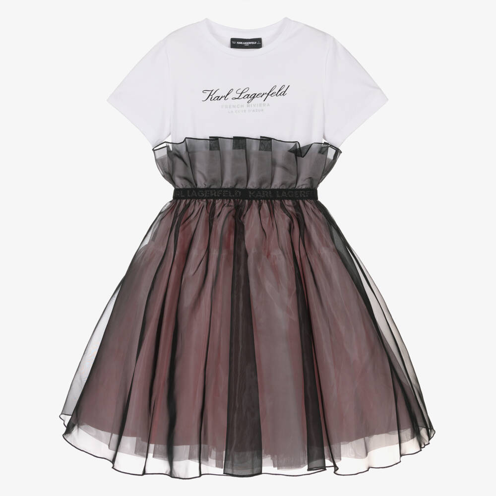 KARL LAGERFELD KIDS-Girls White Cotton Jersey & Black Organza Dress | Childrensalon