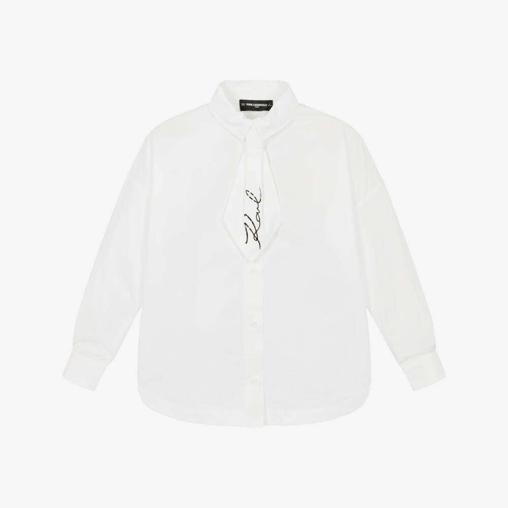KARL LAGERFELD KIDS-Girls White Cotton Poplin Shirt with Detachable Tie | Childrensalon