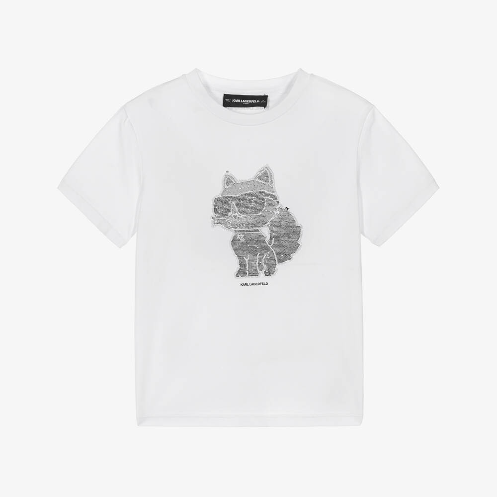 KARL LAGERFELD KIDS-Girls White Cotton Reversible Sequin Choupette T-Shirt | Childrensalon