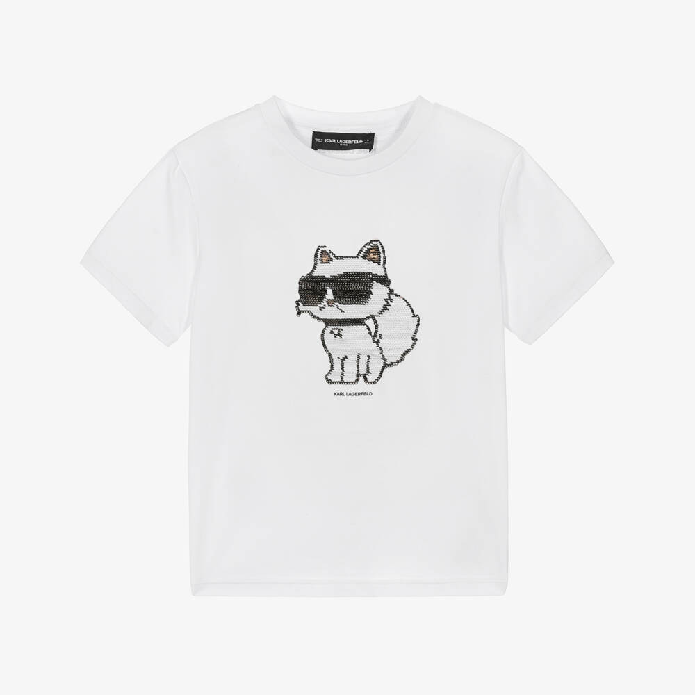 KARL LAGERFELD KIDS-Girls White Cotton Reversible Sequin Choupette T-Shirt | Childrensalon