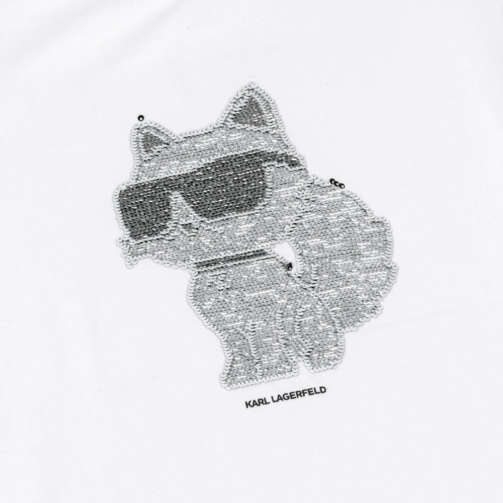 KARL LAGERFELD KIDS-Футболка белая из хлопка с двусторонними пайетками Choupette для девочек | Childrensalon