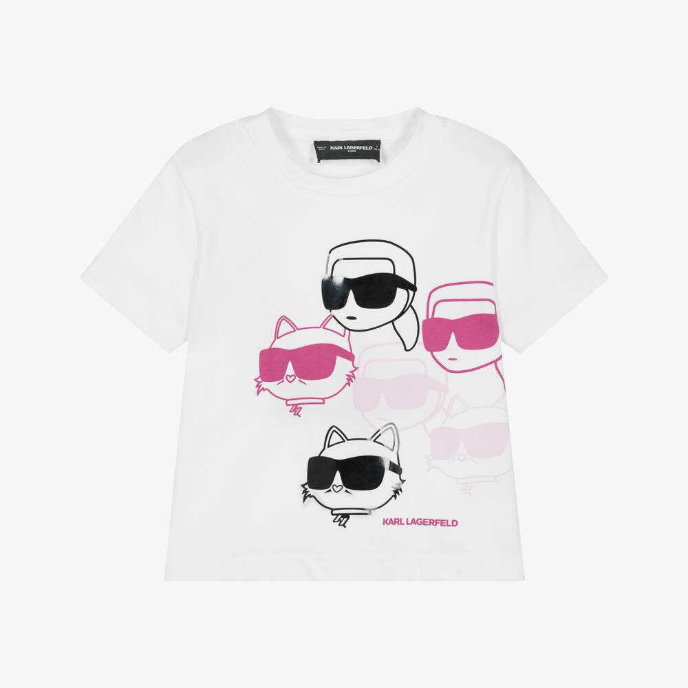 KARL LAGERFELD KIDS-Футболка белая из хлопка с Карлом и Шупетт для девочек | Childrensalon
