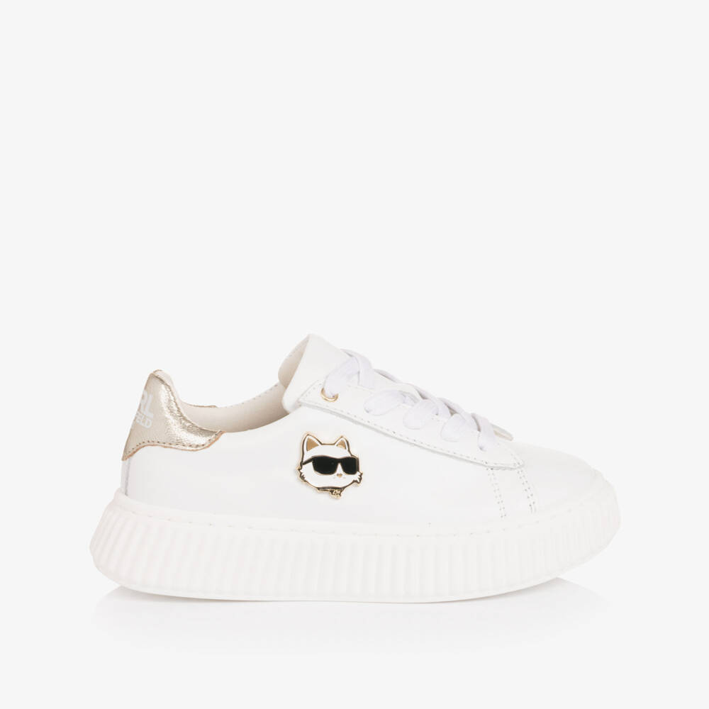 KARL LAGERFELD KIDS-Girls White & Gold Leather Choupette Trainers | Childrensalon