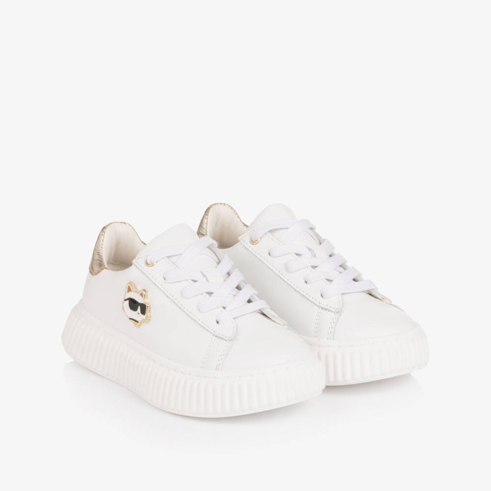 KARL LAGERFELD KIDS-Girls White & Gold Leather Choupette Trainers | Childrensalon