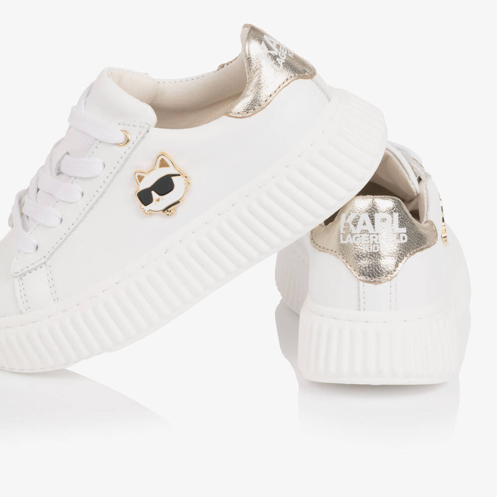 KARL LAGERFELD KIDS-Girls White & Gold Leather Choupette Trainers | Childrensalon