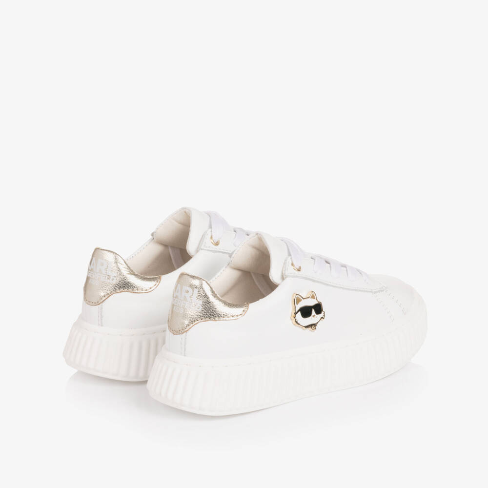KARL LAGERFELD KIDS-Girls White & Gold Leather Choupette Trainers | Childrensalon