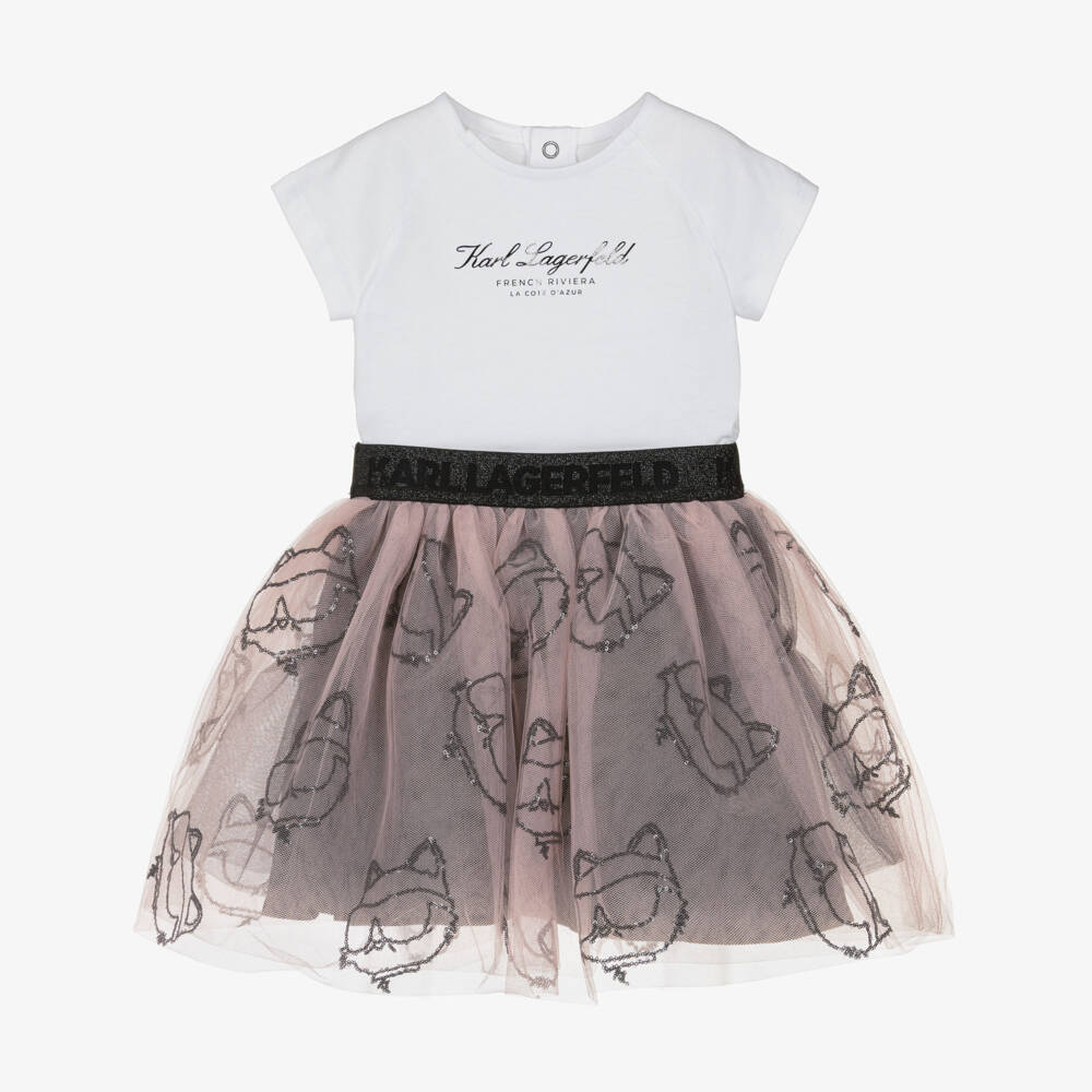 KARL LAGERFELD KIDS-Girls White Jersey & Pink Tulle Choupette Skirt Set | Childrensalon