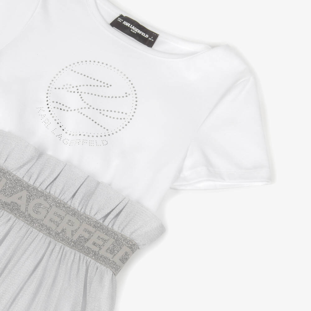 KARL LAGERFELD KIDS-Girls White Jersey & Sparkly Silver Tulle Dress | Childrensalon