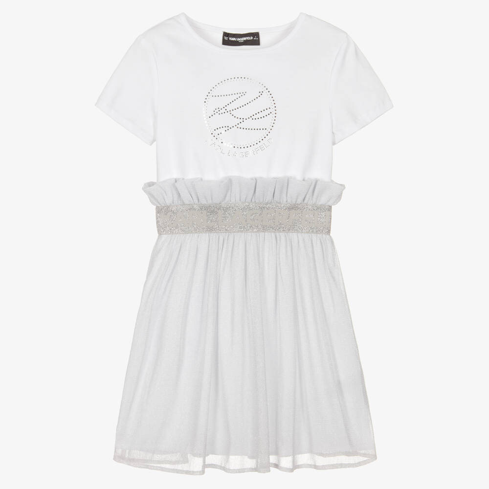 KARL LAGERFELD KIDS-Girls White Jersey & Sparkly Silver Tulle Dress | Childrensalon