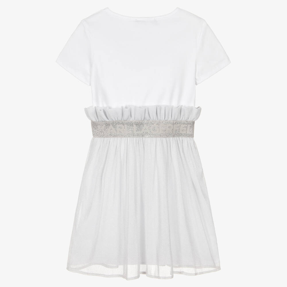 KARL LAGERFELD KIDS-Girls White Jersey & Sparkly Silver Tulle Dress | Childrensalon