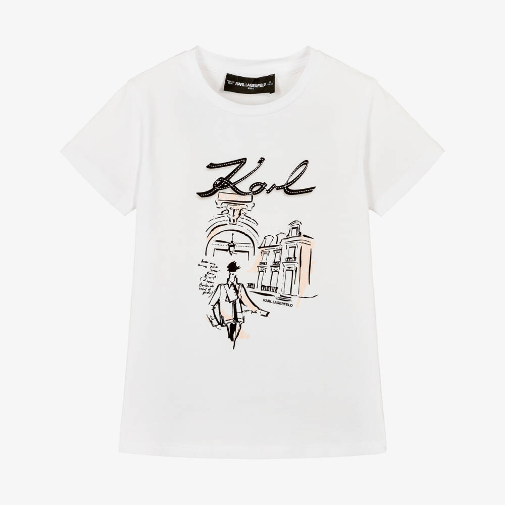 KARL LAGERFELD KIDS-Girls White Jersey T-Shirt with Graphic Print | Childrensalon