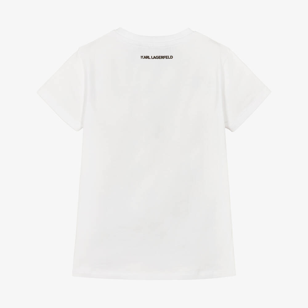 KARL LAGERFELD KIDS-Girls White Jersey T-Shirt with Graphic Print | Childrensalon