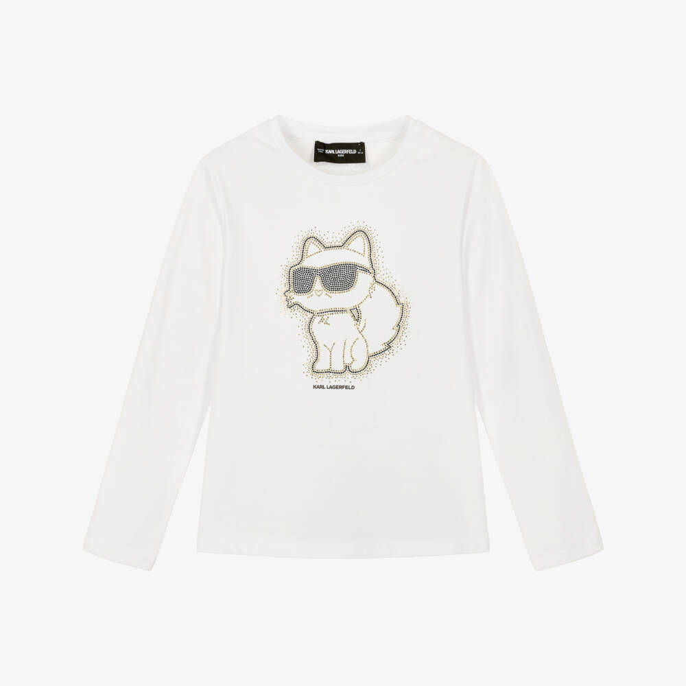 KARL LAGERFELD KIDS-Girls White Jersey Top with Choupette Motif | Childrensalon