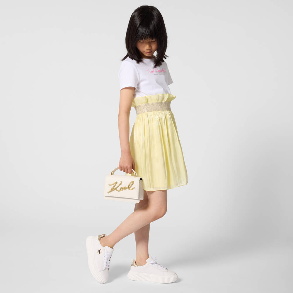 KARL LAGERFELD KIDS-Girls White Jersey & Yellow Voile Short-Sleeved Dress | Childrensalon